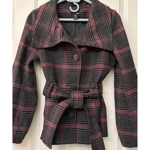 HM Womens Grey Pink Plaid Wool Blend Belted Jacket‎ Coat Size 10 Wide Collar